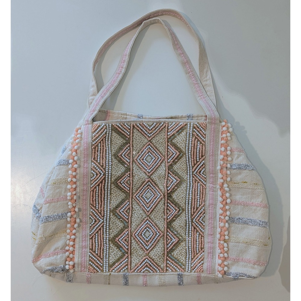 America & Beyond Beaded Boho Tote Bag Pink White Geometric Pom Pom Lurex Stripe